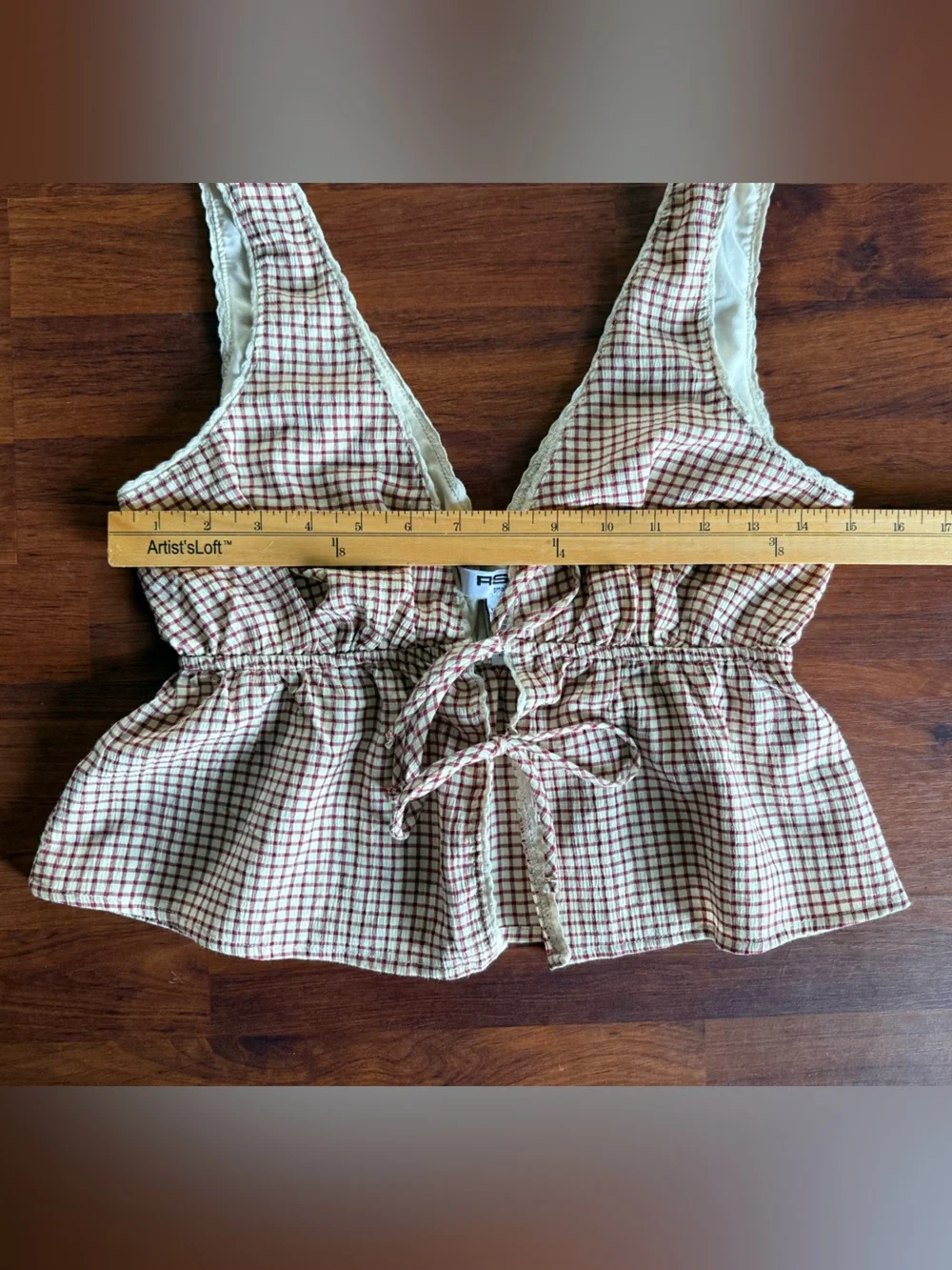 RSQ Cream and Rust Gingham Peplum Tie-Front Top - Picture 3 of 5
